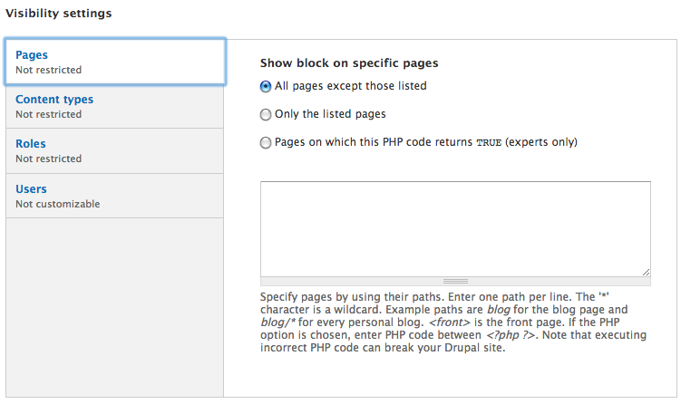 Block configuration screen path selection